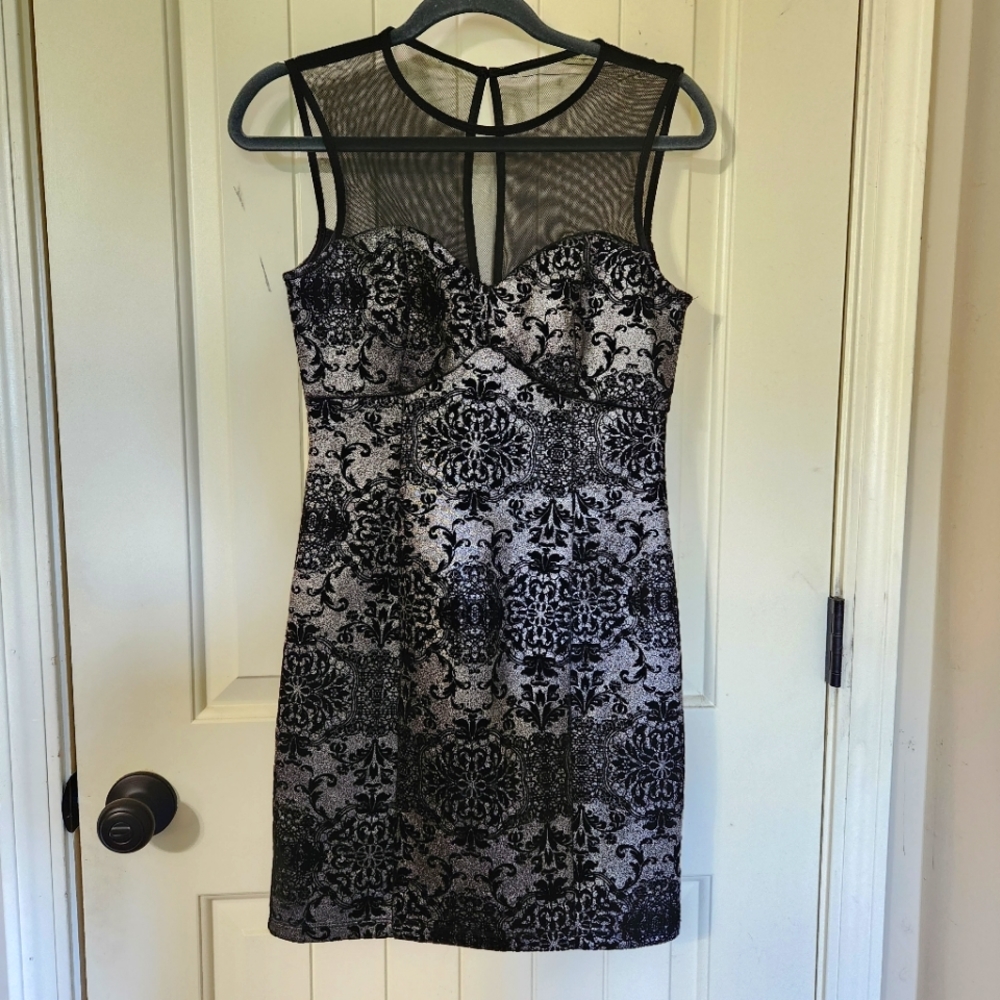 Black & Silver Damask Lace Bodycon Cocktail Dress